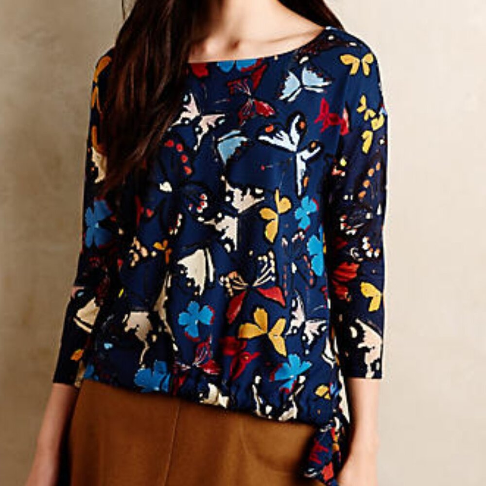 ANTHROPOLOGIE Eustace Tie-Bottom Top Blue Motif Colorful Butterfly Print - Picture 2 of 4